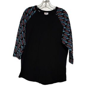LuLaRoe Randy Tee Black with Blue Patterned Sleeves